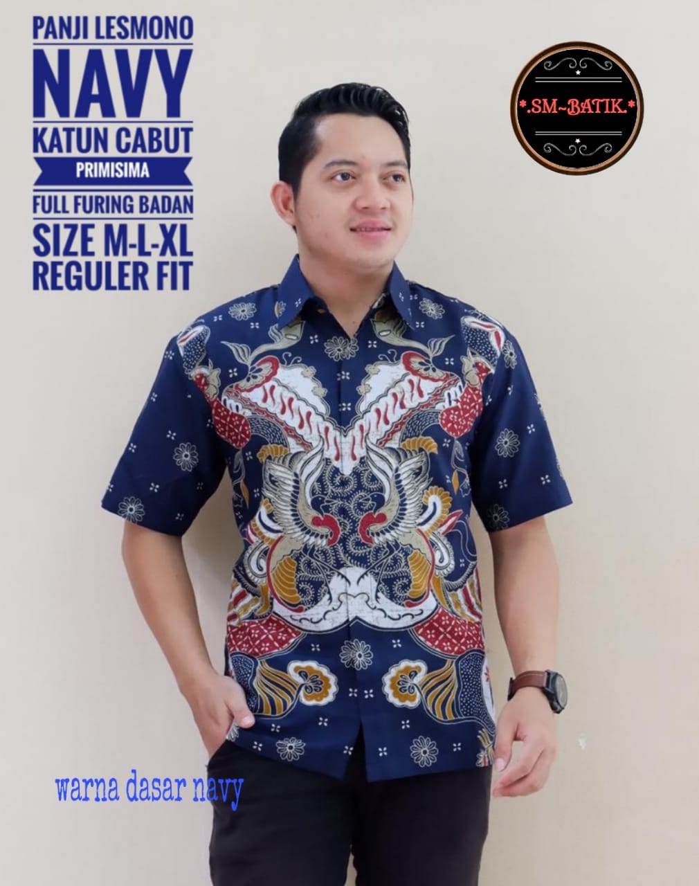 cover-PANJI LESMONO NAVY Kemeja Batik Pria Solo Lengan Pendek Lapis Furing BY SM-1
