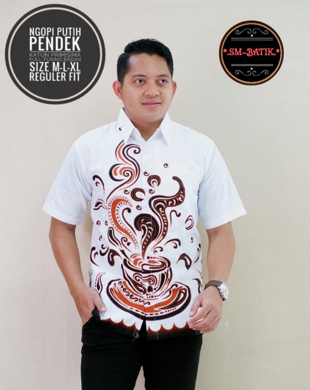cover-NGOPI PUTIH Kemeja Batik Pria Solo Lengan Pendek Lapis Furing BY SM-1