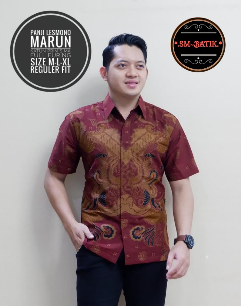 cover-PANJI LESMONO MARUN Kemeja Batik Pria Solo Lengan Pendek Lapis Furing BY SM-1
