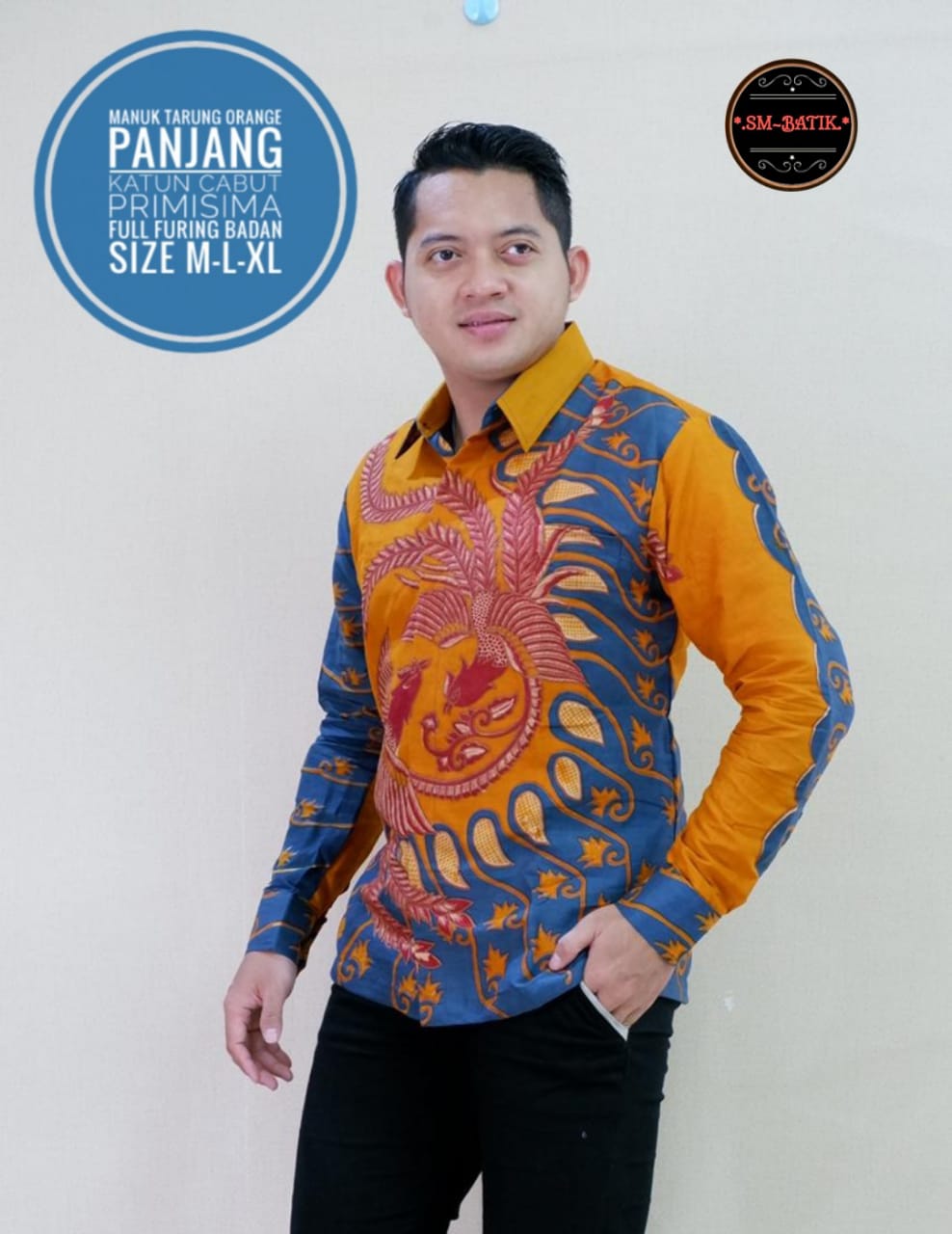 cover-MANUK TARUNG ORANGE Kemeja Batik Pria Solo Lengan Panjang Lapis Furing BY SM-1
