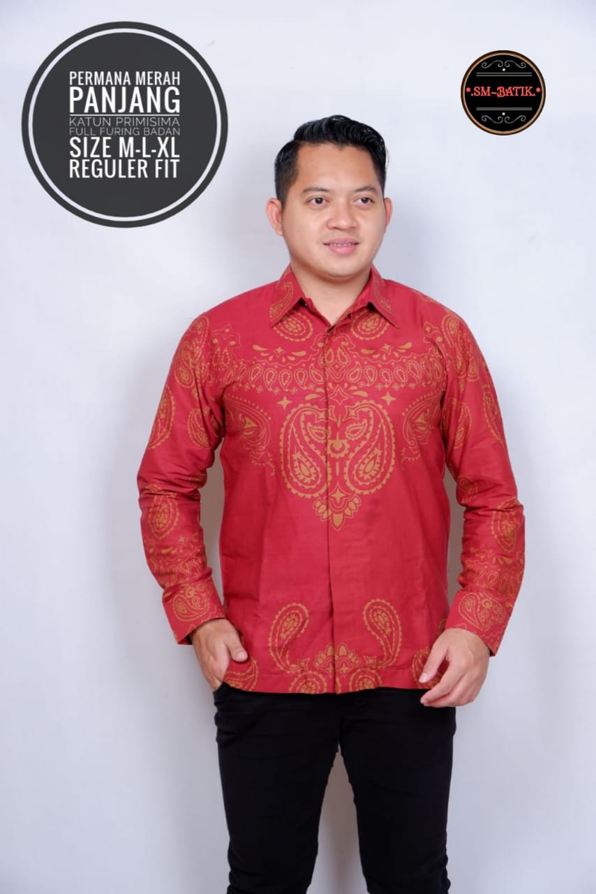 cover-PERMANA MERAH 1 Kemeja Batik Pria Solo Lengan Panjang Lapis Furing BY SM-1